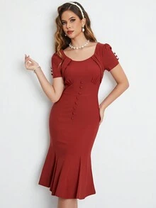 MUXXN 1950年代復古裙子,甜蜜心形領口,人魚裙設計,適用於工作及雞尾酒會筆裙裙式 - 紫紅色 - 查看 6