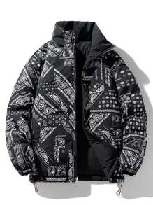 Men Paisley Print Reversible Drawstring Hem Zipper Padded Coat