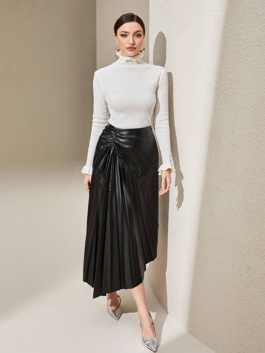 Modelyn Ruched Asymmetrical Hem PU Leather Pleated Skirt - Black - View 1