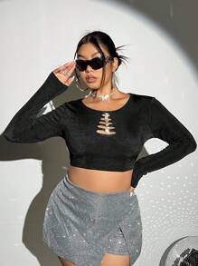 SHEIN ICON 大碼水鑽細節前鏤空短款T恤 - 黑色 - 查看 4