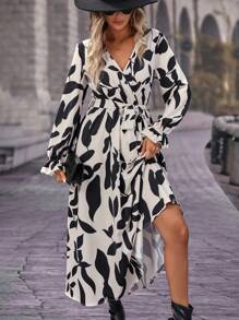 EMERY ROSE 滿版印花荷葉袖繫腰帶洋裝 - 彩色 - 查看 5