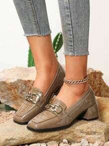 Women's High Heel Loafers, Fashion Square Toe, Black Casual Chunky Heel Retro Chain Mule Shoes - Coffee Brown - View 2