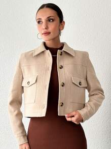 Cottnline Túi có nắp Nút phía trước Áo khoác - Màu be - Xem 5