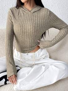 SHEIN EZwear Solid Ribbed Knit Crop Hooded Tee - Coffee Brown - View 5