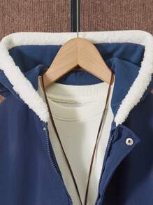 SHEIN Tween Boy 1pc Thermal Lined Hooded Coat - Navy Blue - View 7