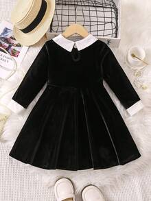 SHEIN Young Girl Contrast Collar Keyhole Back Dress - Black - View 2