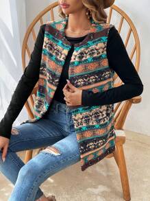 SHEIN VCAY Gilet cappotto con stampa geo aperto davanti - Multicolore - Visualizzare 3