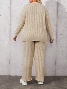 RueChic Plus Cable Knit Drop Shoulder Cardigan & Knit Pants - Beige - View 2