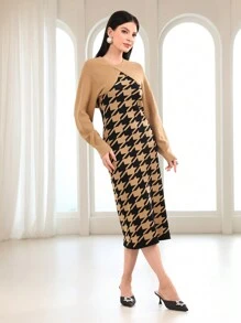 Modelyn Đồ họa Houndstooth Váy len ba lô & tay cánh Siêu crop Áo len - màu nâu - Xem 6