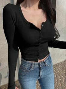 DAZY Solid Button Through Crop Tee Long Sleeve Women Tops - Black - View 3