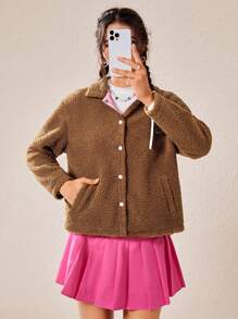 SHEIN EZwear 素色斜口袋前紐扣絨毛外套 - 棕色 - 查看 3