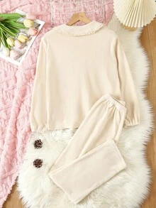 SHEIN Tween Girl Peter Pan Collar Button Front Shirt & Pants - Apricot - View 2