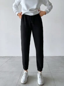 EURMUSE Solid Drawstring Waist Slant Pocket Sweatpants - Black - View 6