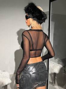 SHEIN ICON 夏季實心綁緊蕾絲透明網紗黑色短上衣(無胸墊) - 黑色 - 查看 2