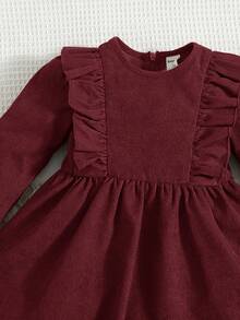 SHEIN Baby Girl Ruffle Trim Lantern Sleeve Dress - Burgundy - View 4