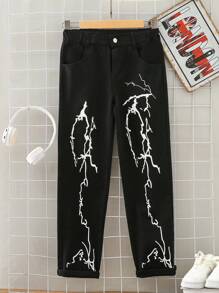 Tween Boy Lightning Print Straight Leg Jeans - Black - View 1