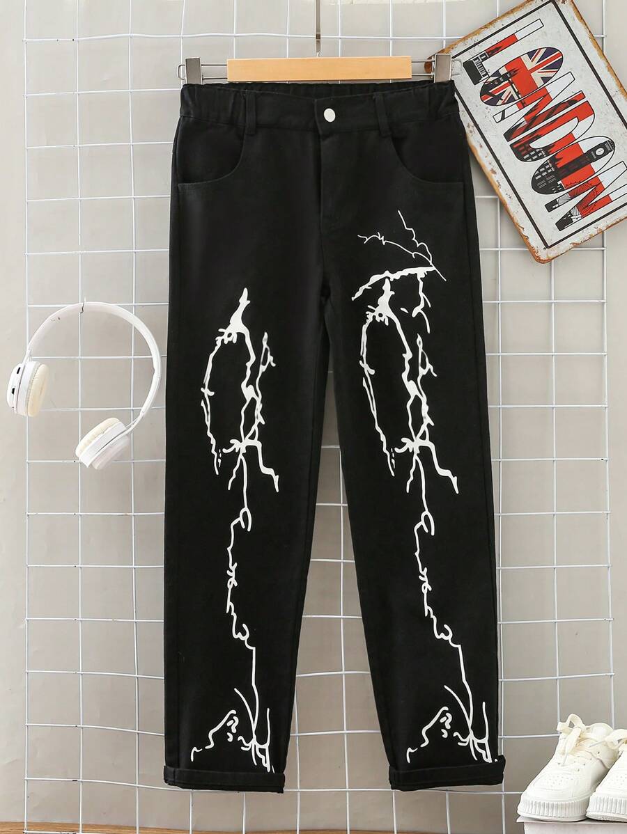 Tween Boy Lightning Print Straight Leg Jeans - Black - View 1