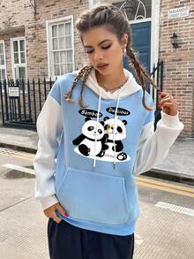 SHEIN EZwear Hình ảnh Panda & Chữ cái Túi kangaroo Thả vai Dây rút Lót nhiệt Hoodie - Màu xanh nhạt - Xem 4