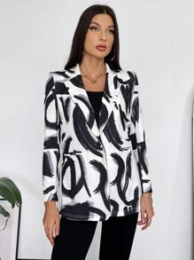 SHEIN Privé Allover Print Lapel Neck Blazer - Multicolor - View 5