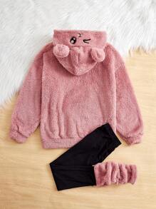 SHEIN 女大童字母刺繡3D耳朵設計法蘭絨連帽衫和緊身褲 - 粉色 - 查看 2