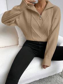 SHEIN Frenchy Cable Knit Quarter Zip Drop Shoulder Sweater - Khaki - View 4