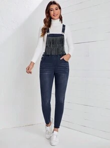 SHEIN LUNE Fringe Trim Denim Overalls Without Tee - Black - View 1