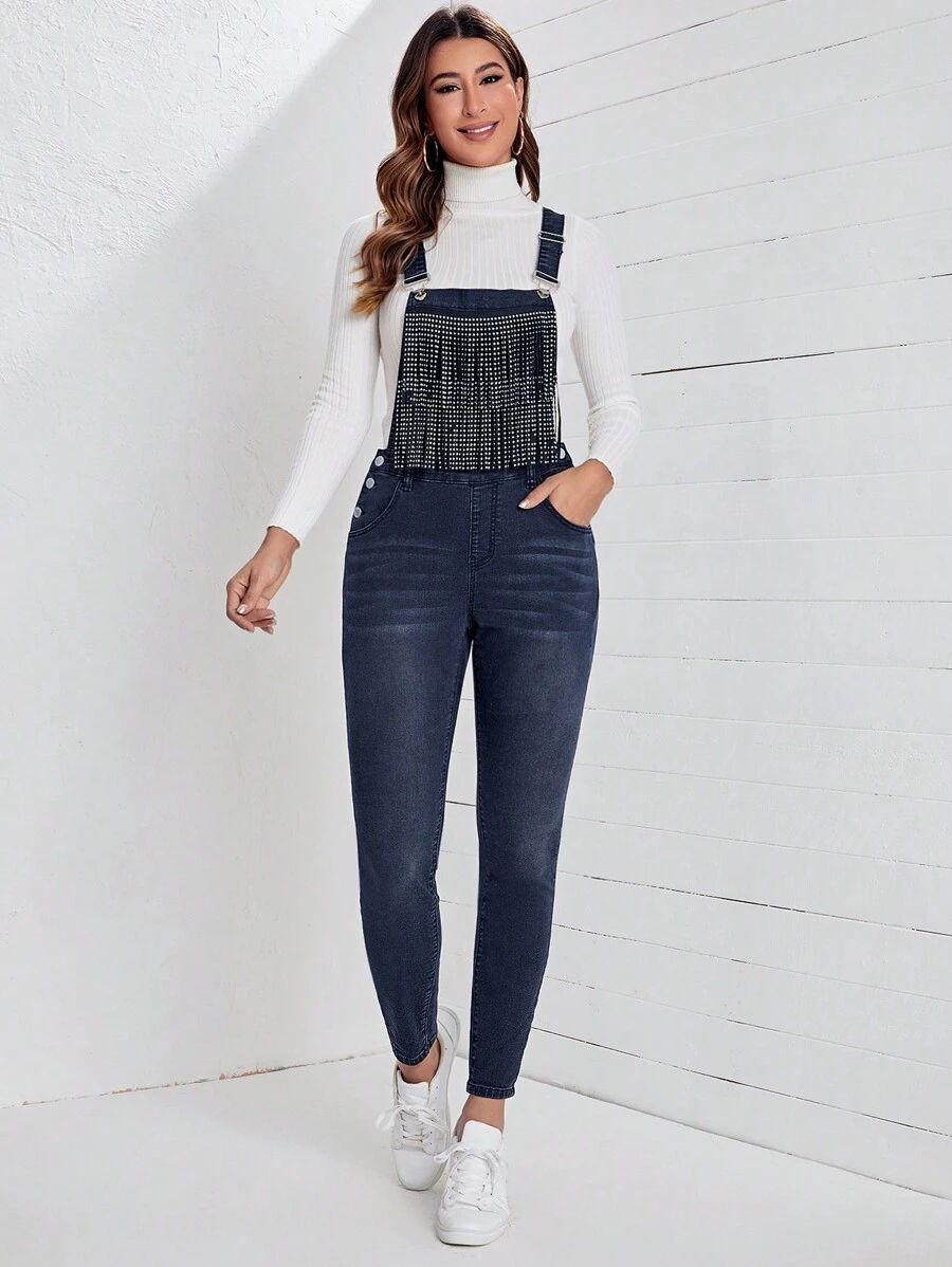 SHEIN LUNE Fringe Trim Denim Overalls Without Tee - Black - View 1