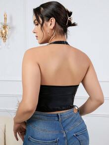 大碼前繫帶PU皮革繞頸露背胸罩 - 黑色 - 查看 2