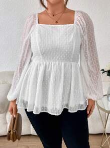 SHEIN Privé Hơn Chấm Swiss Cổ vuông Tay áo lồng đèn Áo sơ mi Peplum - trắng - Xem 4