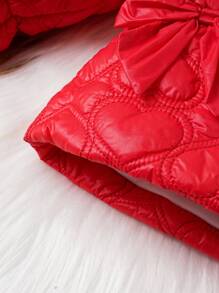 SHEIN Baby Girls' Vintage And Cute Heart Shaped Label Embellishment, Bow Tie, Thicken Fleece Collar, Casual Coat For Outdoor Activities In Fall And Winter - Red - View 7