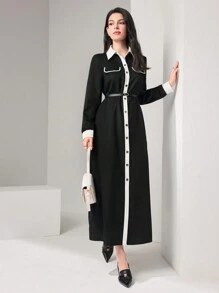 Seusyu Contrast Trim Flap Detail Belted Shirt Modest Long Sleeve Dress - Black - View 5