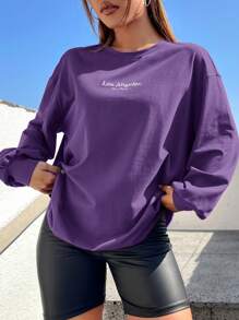 SHEIN EZwear Camiseta de hombros caídos con bordado de letra - Morado - Ver 1
