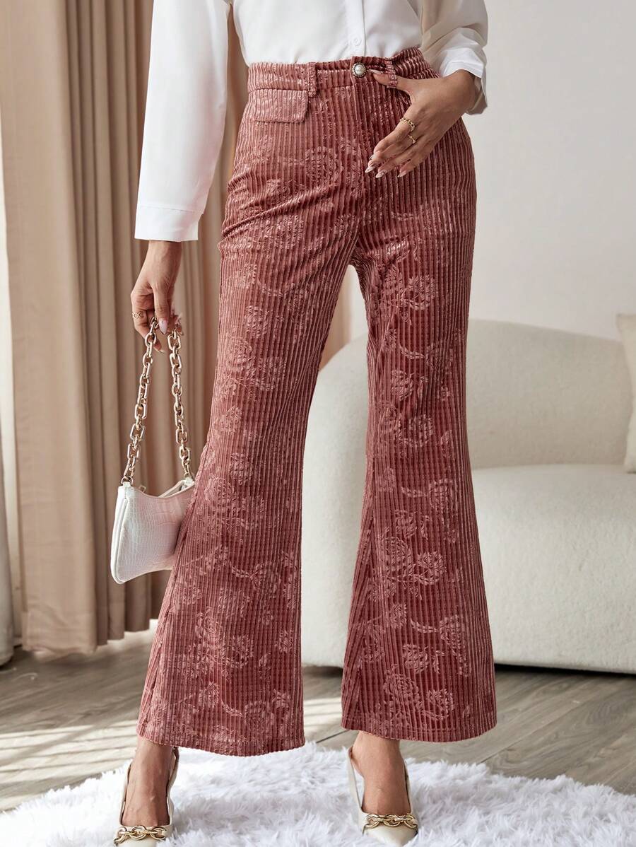 SHEIN Privé 花卉圖案提花喇叭褲 - 彩色 - 查看 1