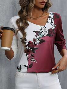 SHEIN LUNE Áo thun họa tiết hoa Colorblock Áo thun họa tiết cho nữ - Nhiều màu - Xem 7