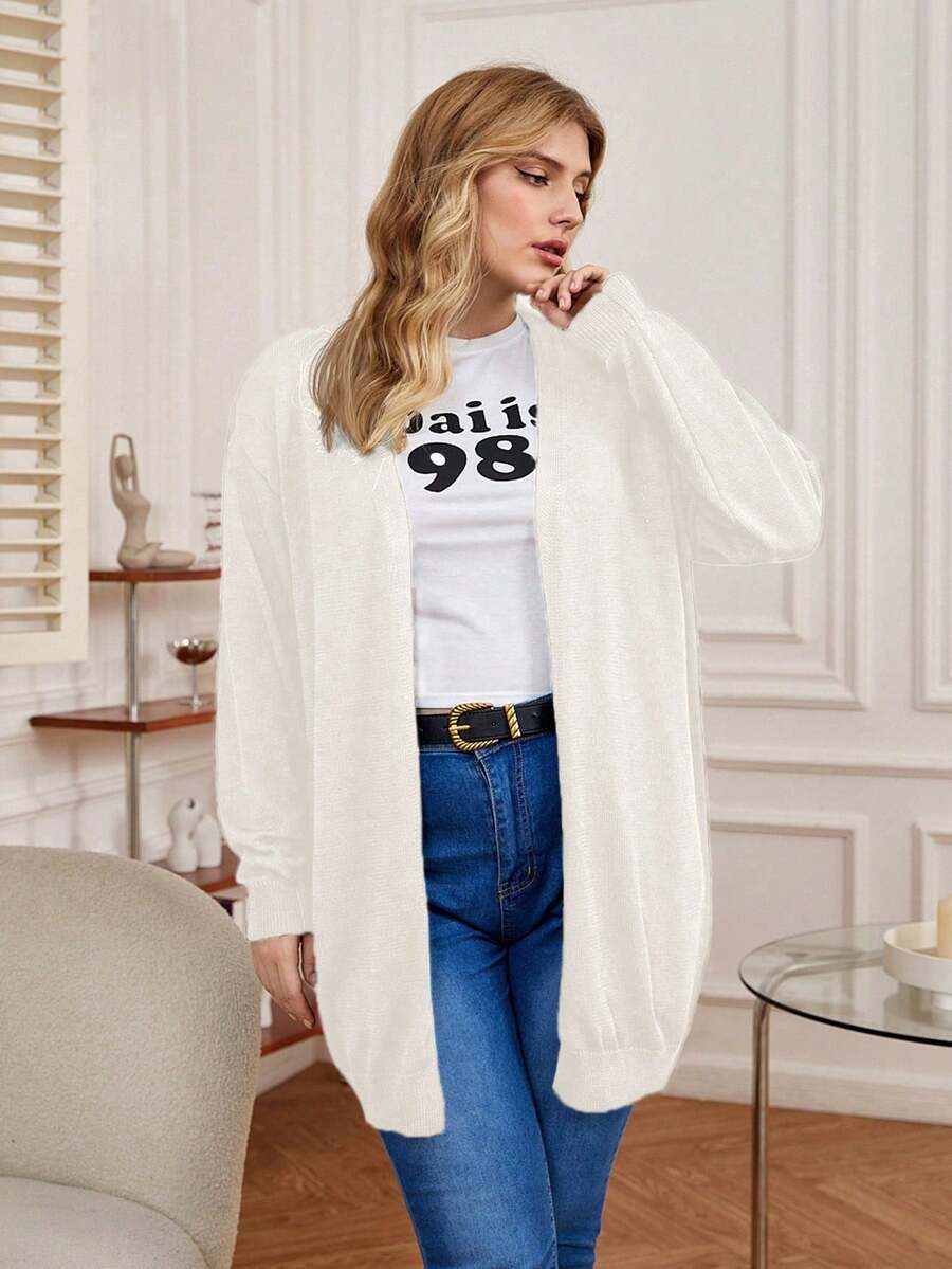 SHEIN Franclia Áo khoác cardigan thả vai cỡ lớn - trắng - Xem 1