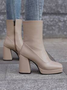 卡其色短靴帶防水台,PU皮革材料高跟鞋秋冬簡約風&多用途女性鞋 - 卡其色 - 查看 2
