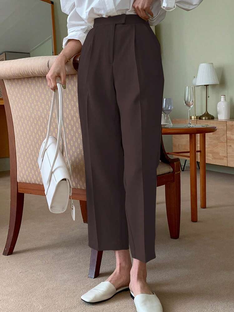 High Waist Plicated Detail Straight Leg Pants Women Dress Pants Fall