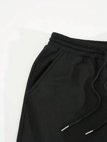 SHEIN EZwear 字母圖案腰部抽繩衛褲 - 黑色 - 查看 3