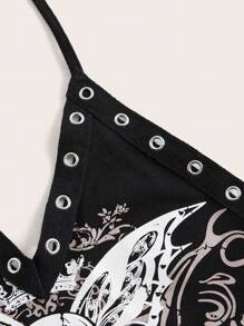 ROMWE PUNK Skull & Butterfly Print Halter Top Enjoy Being The St Individual Break Keep Your Passion - Black - View 3