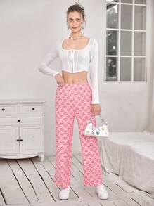 SHEIN EZwear Allover Heart Print Straight Leg Pants - Pink - View 5