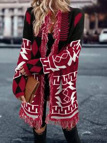 SHEIN LUNE 几何图案流苏饰边落肩开衫 - 紅色 - 查看 4