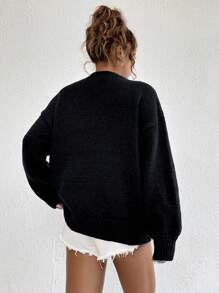 Flirla 纯色落肩毛衣，长袖上衣 - 黑色 - 查看 2