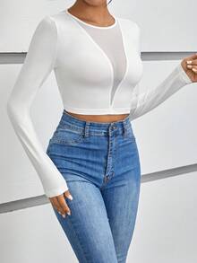 SHEIN Essnce 網紗拼接短款T恤 - 白色 - 查看 5