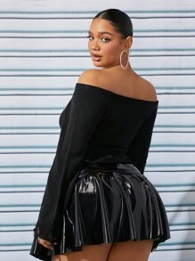 SHEIN SXY 大碼一字肩仿舊下擺荷葉袖套頭毛衣 - 黑色 - 查看 2