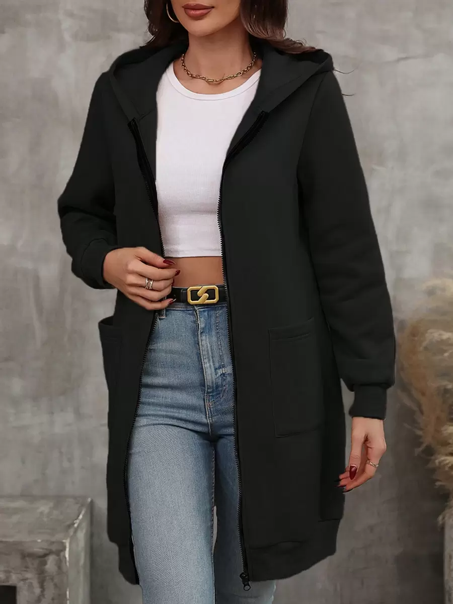 SHEIN LUNE 纯色拉链连帽运动衫，长袖上衣 - 黑色 - 查看 1