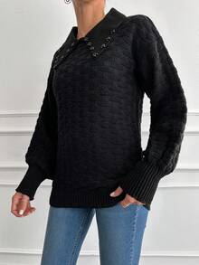EURMUSE Pearls Beaded Lantern Sleeve Sweater - Black - View 3