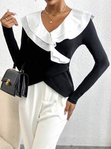 SHEIN Privé Two Tone Ruffle Trim Asymmetrical Hem Tee - Black and White - View 4