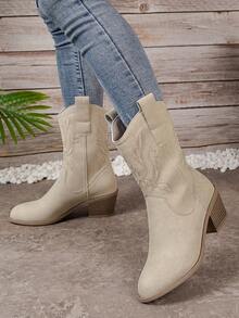 Women's Brown Vintage Western Style Thick Heel Ankle Boots With Platform, Autumn & Winter - Beige - View 7
