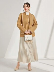 Modelyn Contrast Binding Dual Pocket Tassel Trim Button Front Coat - Khaki - View 5