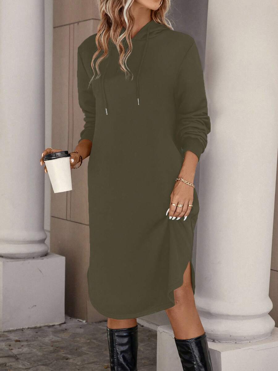SHEIN LUNE Solid Drawstring Hooded Split Hem Sweatshirt Dress - Olive Green - View 1